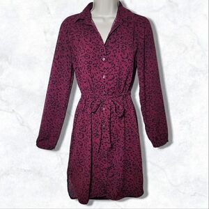 A New Day Maroon Leopard Long Sleeve Synch Waist Button Up Dress